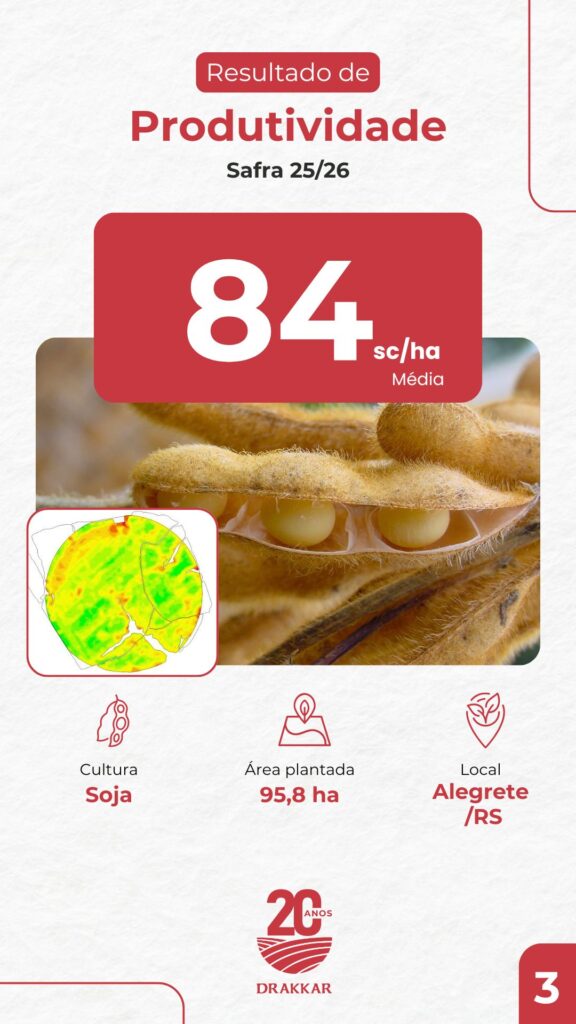 Área de soja em Alegrete/RS alcançando média de 84 sacas por hectare na safra 2025/26 com Agricultura de Precisão e manejo orientado por mapas de produtividade.