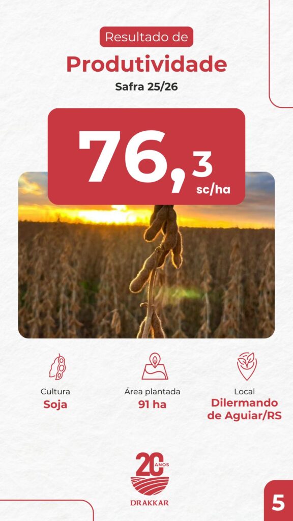 Lavoura de soja em Dilermando de Aguiar/RS alcançando produtividade de 76,3 sacas por hectare na safra 2025/26 com manejo e Agricultura de Precisão Drakkar.