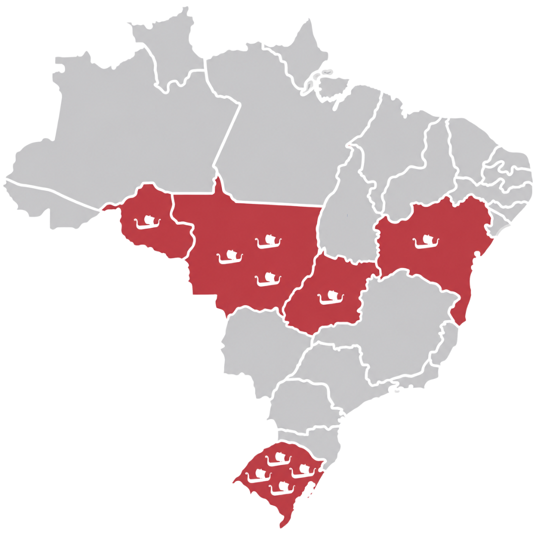 Mapa de atuação da Drakkar Agricultura de Precisão mostrando presença em diferentes regiões do Brasil, com atendimento técnico especializado em fertilidade do solo, agricultura digital, taxa variável e gestão inteligente da lavoura.