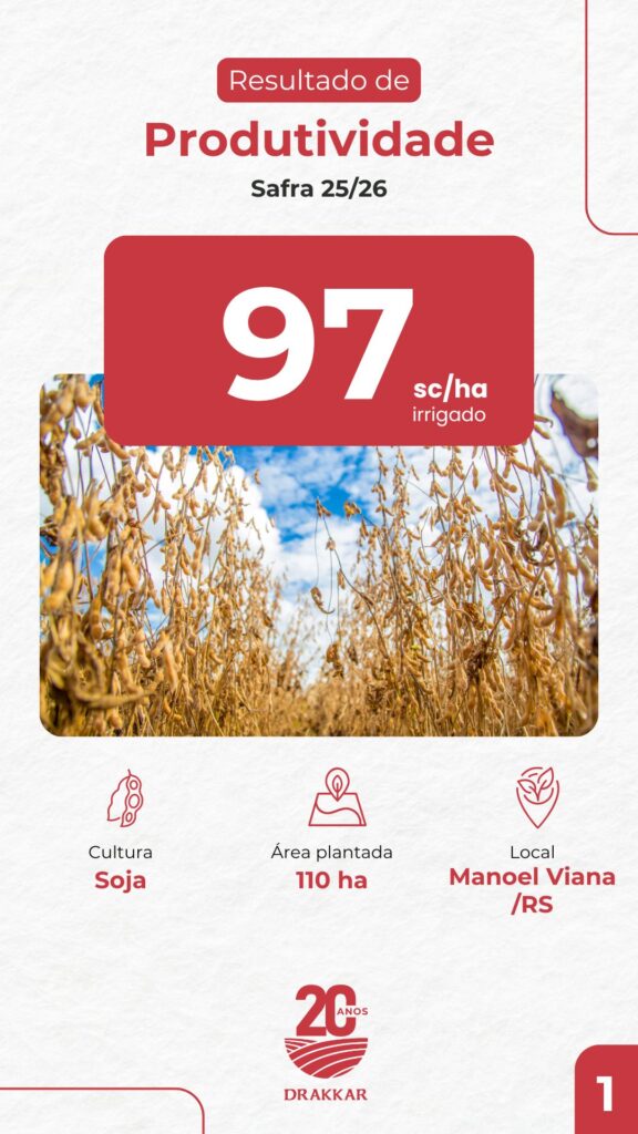 Lavoura de soja irrigada em Manoel Viana/RS alcançando produtividade de 97 sacas por hectare na safra 25/26 com manejo e agricultura de precisão Drakkar.