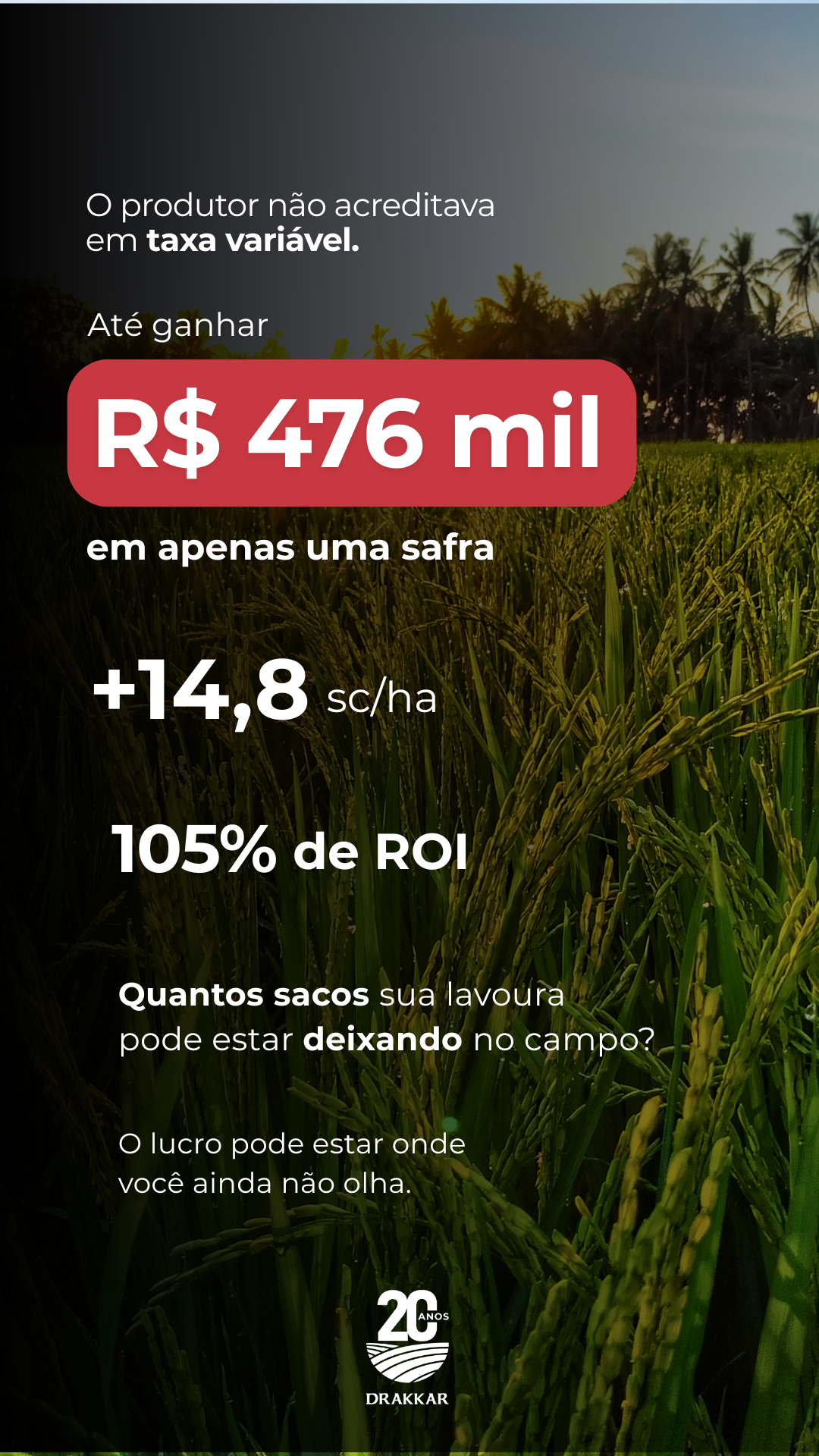 Case de Agricultura de Precisão da Drakkar mostrando ganho de +14,8 sc/ha, ROI de 105% e R$ 476 mil de retorno em uma safra com manejo em taxa variável.