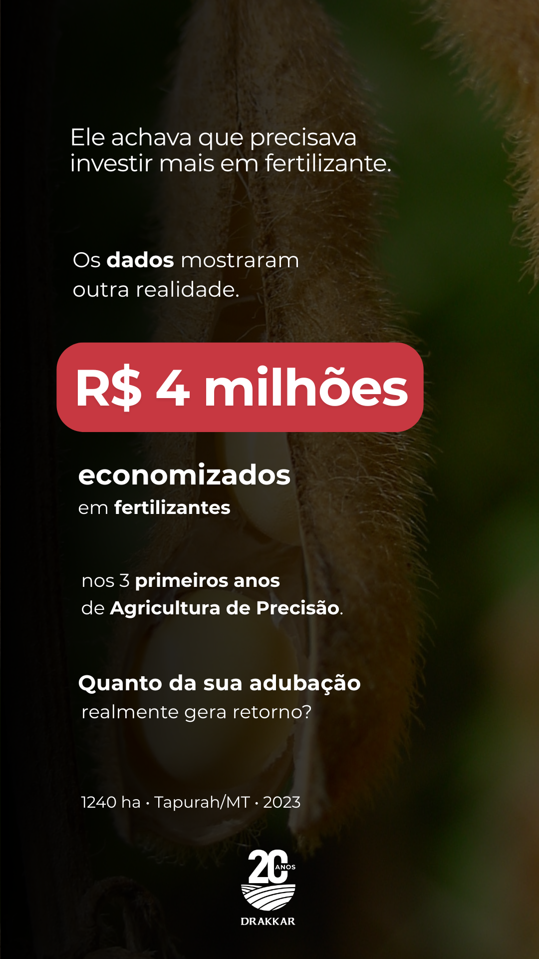 Case de Agricultura de Precisão da Drakkar em Tapurah/MT mostrando R$ 4 milhões economizados com fertilizantes através de manejo inteligente da fertilidade e aplicação estratégica de insumos.