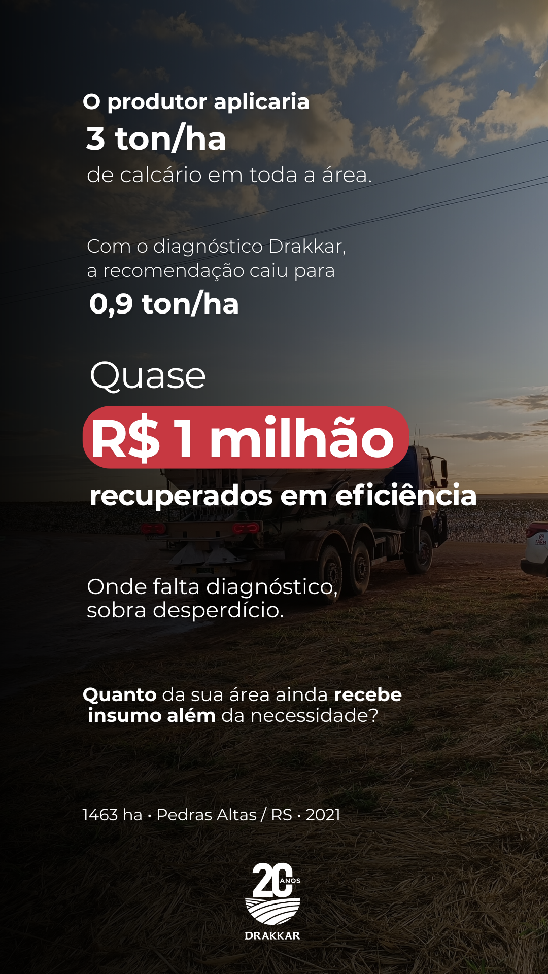 Card da Drakkar mostrando case de economia de quase R$ 1 milhão com redução da aplicação de calcário através de diagnóstico técnico e manejo inteligente da fertilidade do solo em área agrícola no RS.