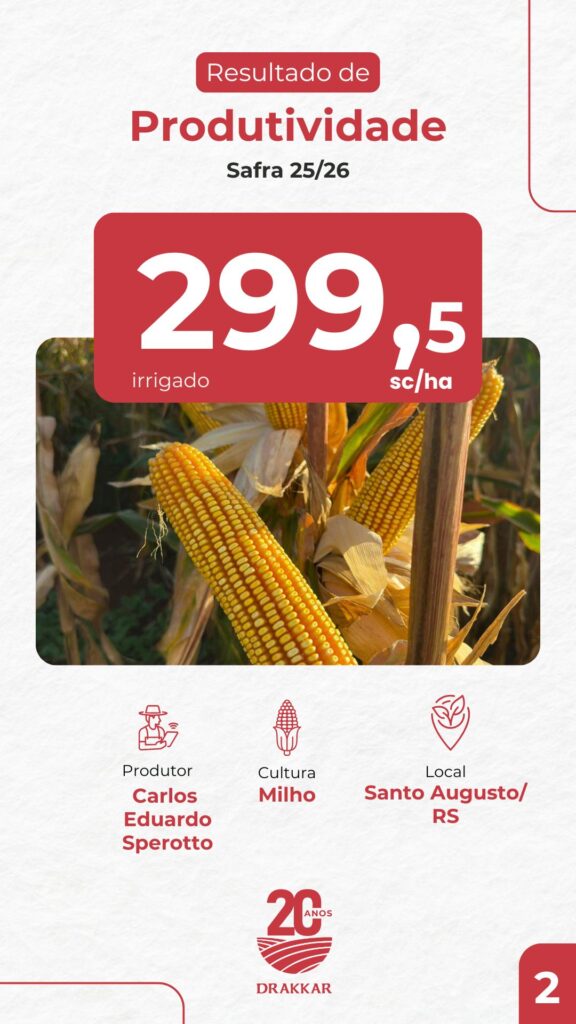 Card de resultado de produtividade da Drakkar mostrando 299,5 sacas por hectare de milho irrigado na safra 2025/26 em Santo Augusto/RS.