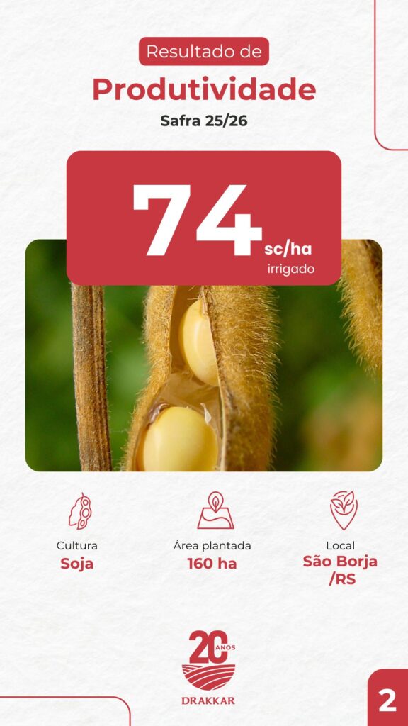 Lavoura de soja irrigada em São Borja/RS com produtividade de 74 sacas por hectare na safra 2025/26 em área acompanhada pela Drakkar Agricultura de Precisão.